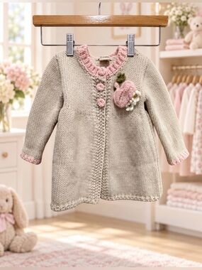 Huggalugs handknit Sweater pink edging mohair poppy blossoms 18-24 months